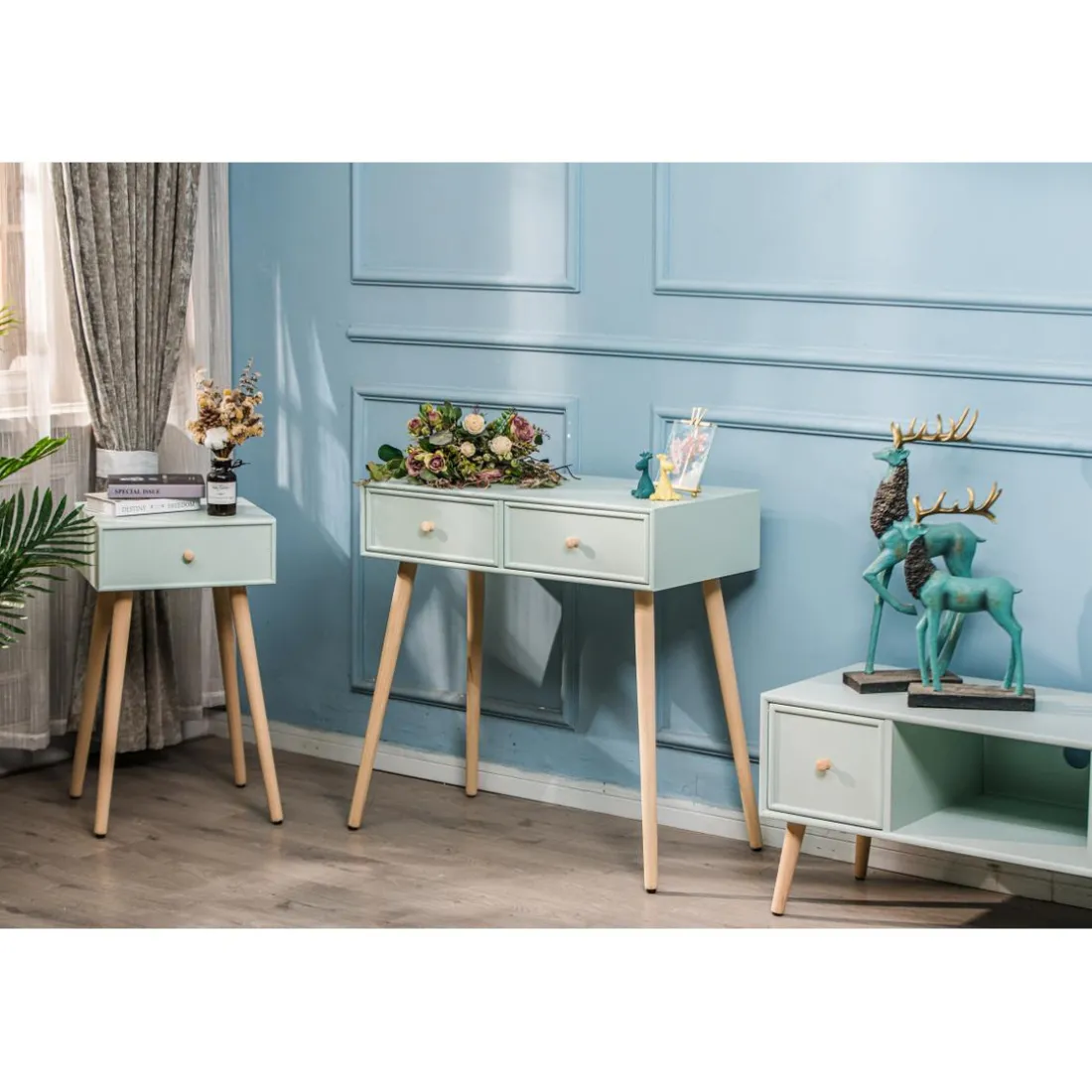 Table d'Appoint Scandinave en Bois 2 Tiroirs NISHIO - Verte