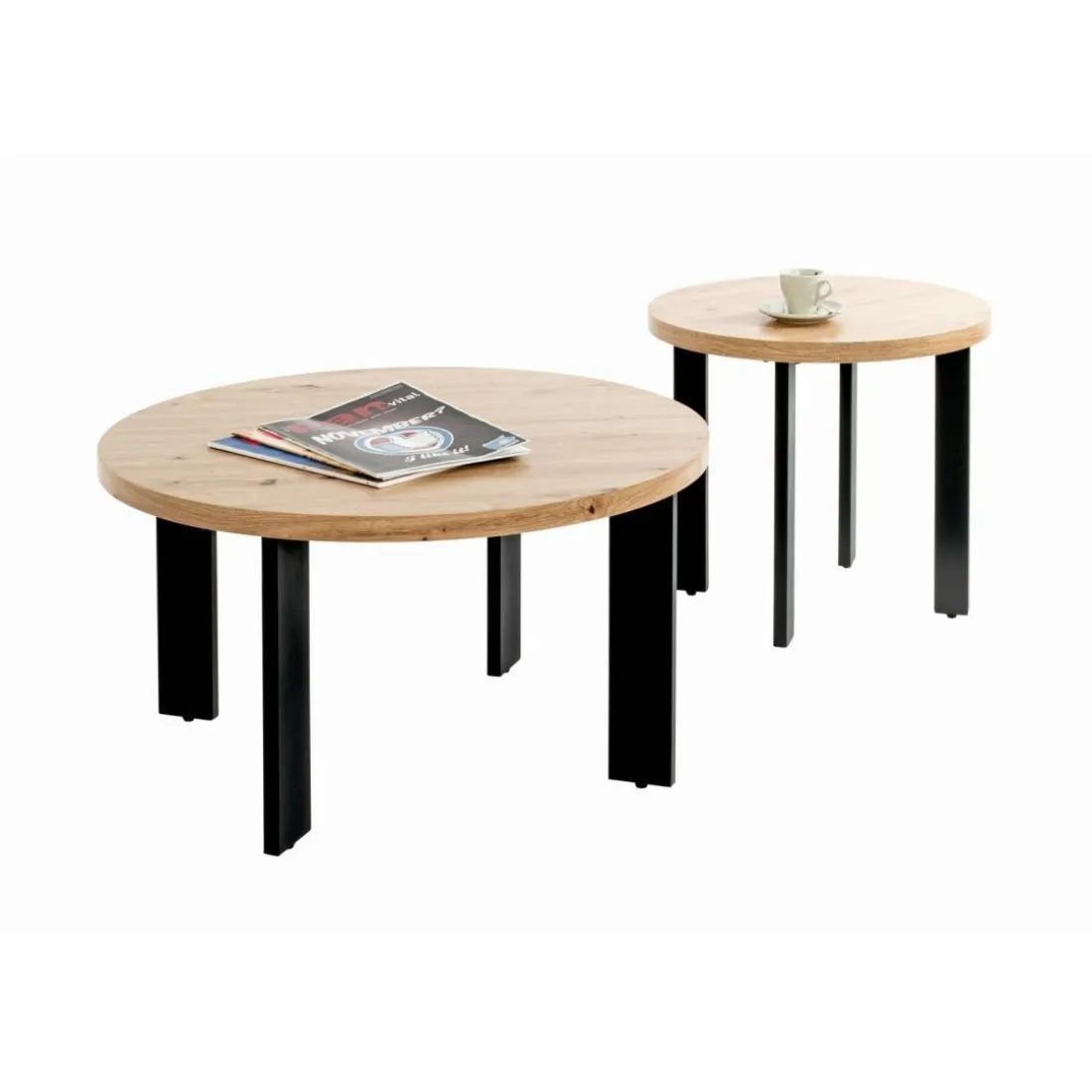 Table d'appointe noir, plateau en MDF décor chêne avec accents de couleur