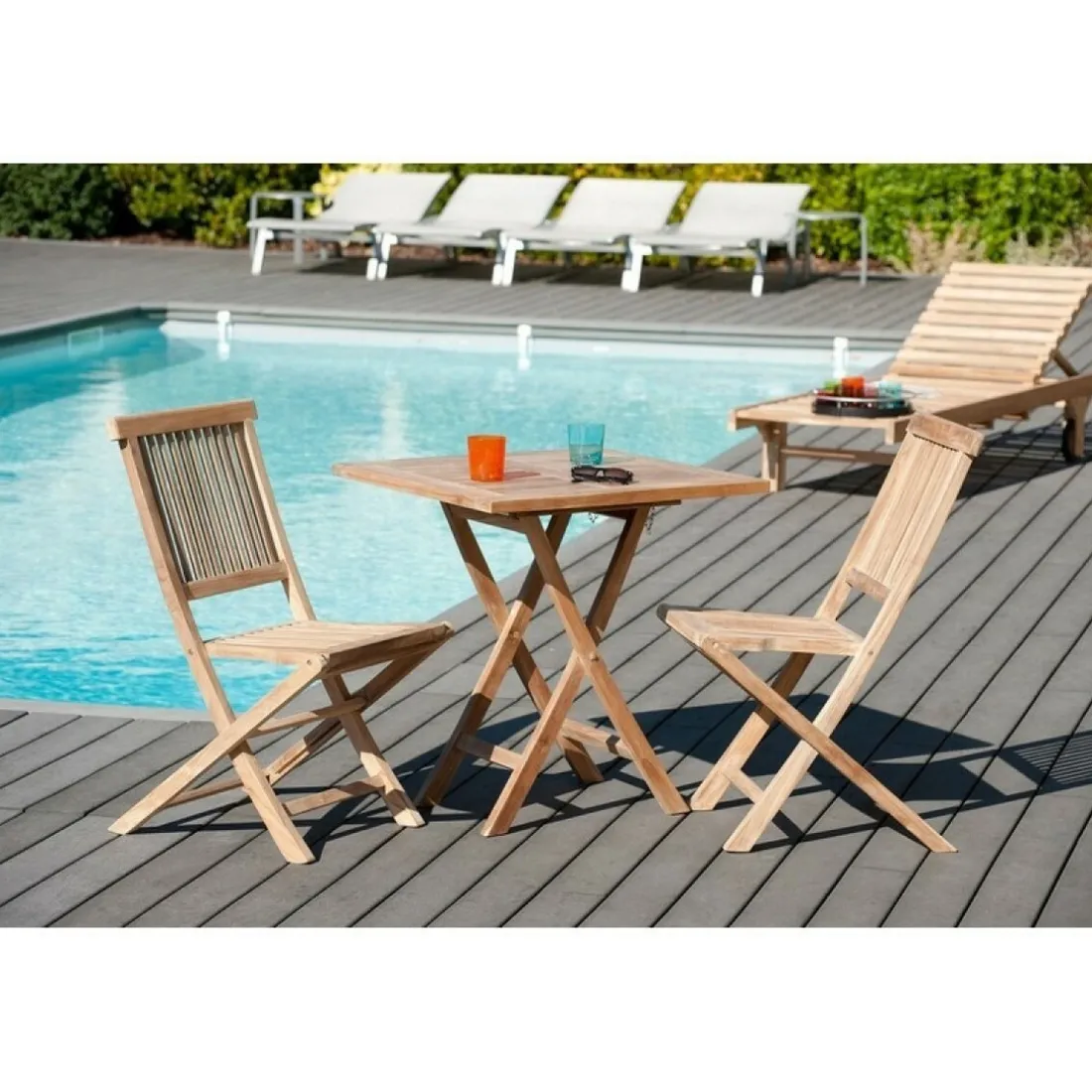 Table de jardin 2 personnes, carrée pliante 70 x 70 cm en bois Teck