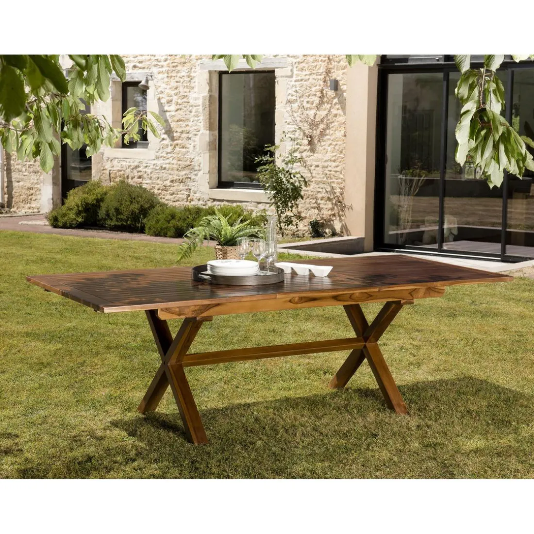 Table de jardin HANNA 8/10 personnes - rectangulaire pieds croisés extensible 180/240x100cm en bois teck huilé