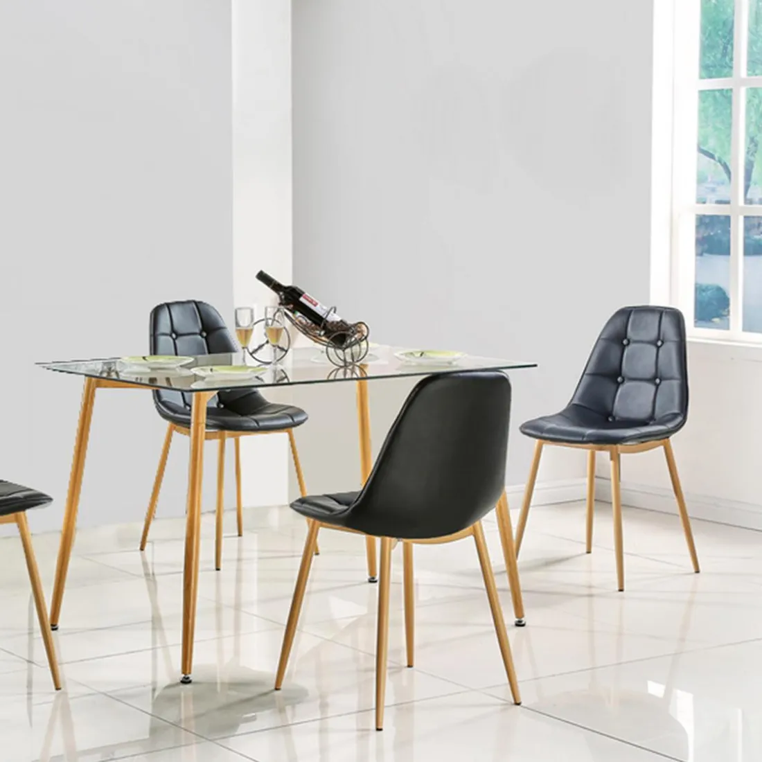 Table en Verre Pieds Métal Effet Bois 75X115cm