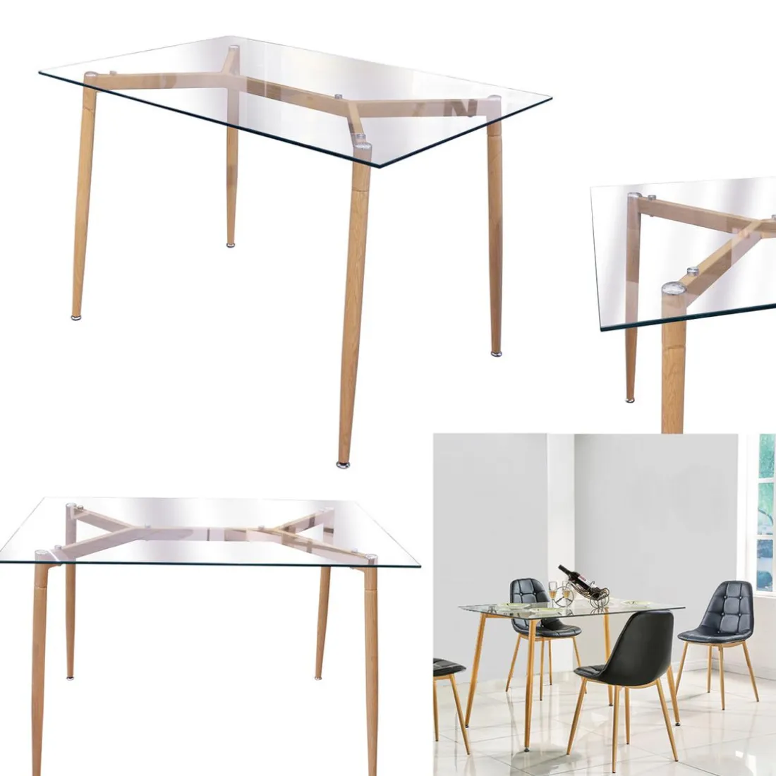 Table en Verre Pieds Métal Effet Bois 75X115cm