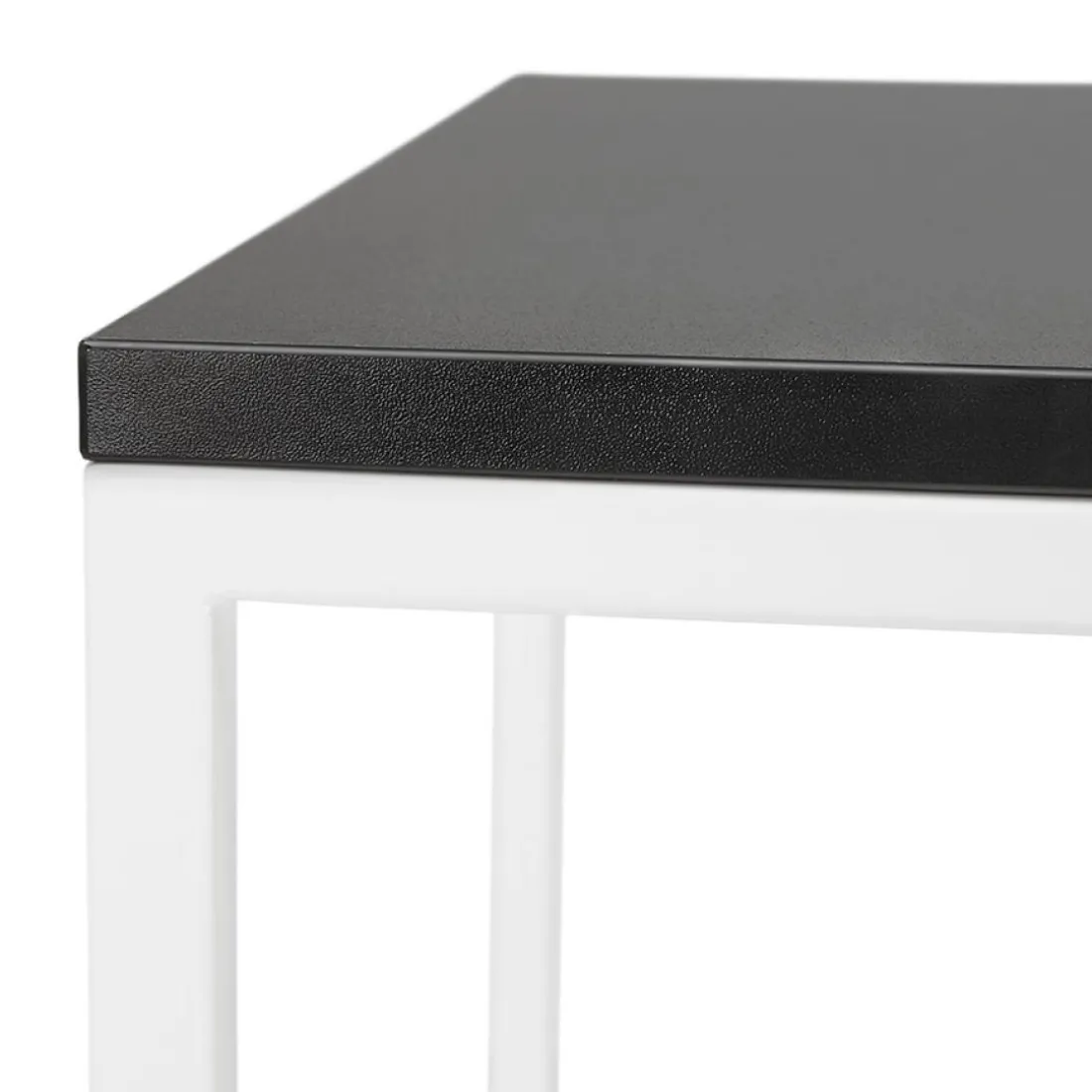 Table haute 'ORTOS' avec plateau noir et structure blanche idéale pour les professionnels