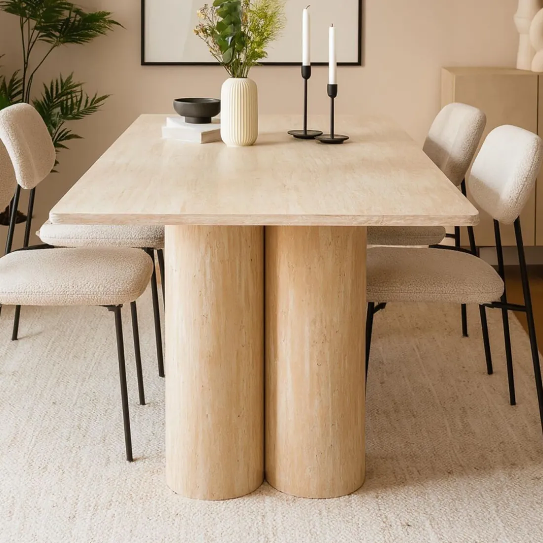 Table rectangulaire pieds colonnes design Historic Effet Travertin Beige