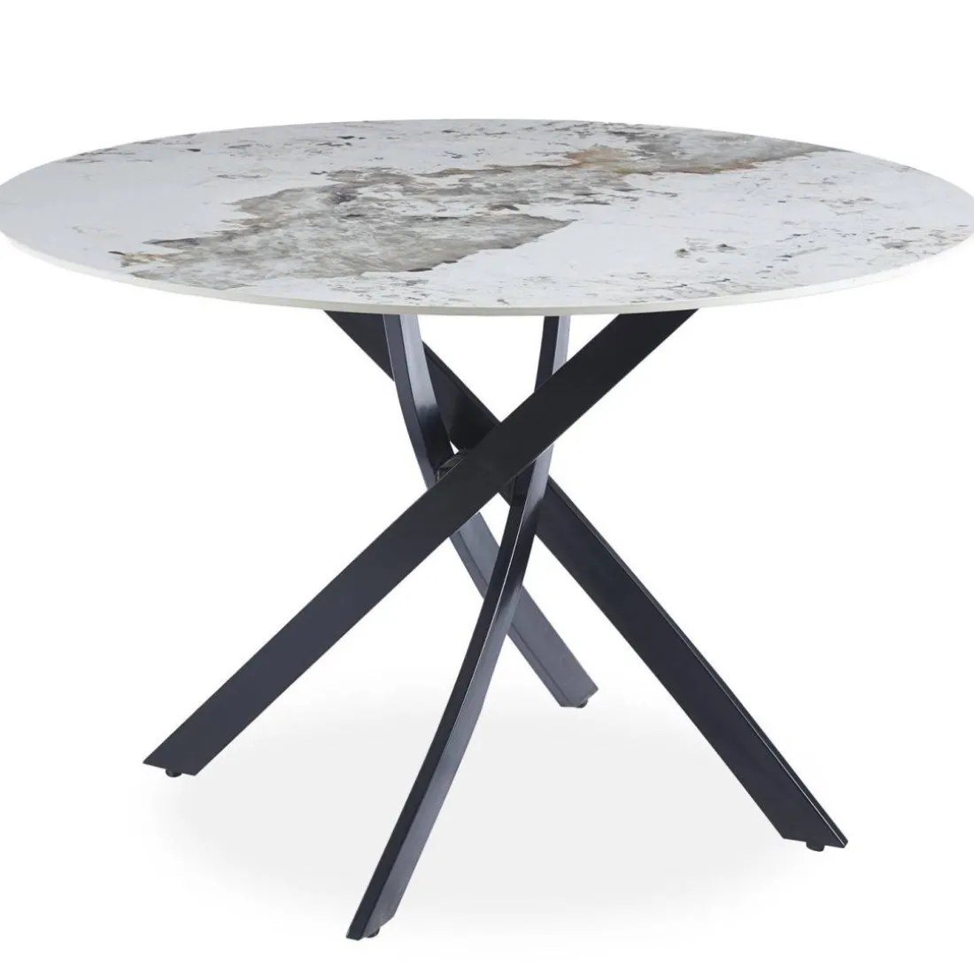 Table ronde Bangui Céramique effet marbre Blanc et pieds croisés Métal Noir