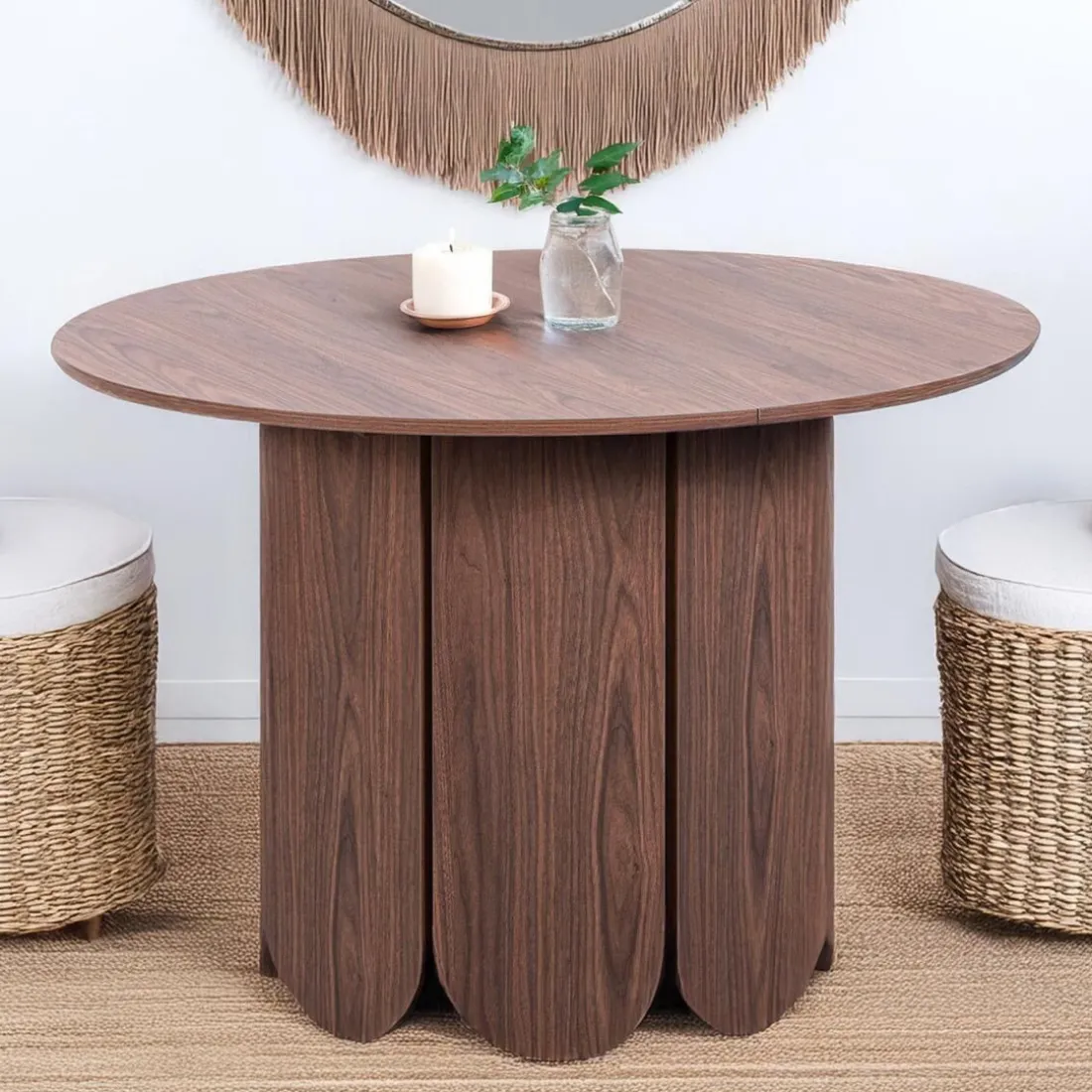Table ronde style japandi extensible Tulipa rallonges intégrées Bois noisette