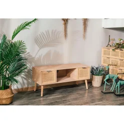 Table TV Scandinave en Bois 2 Tiroirs Rangement AKITA - Marron Clair