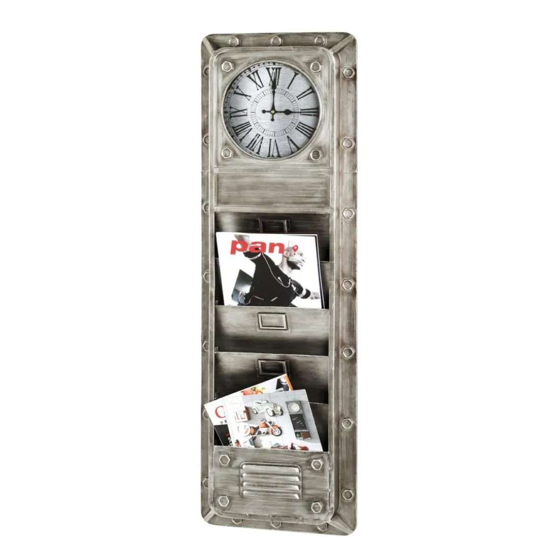 Tableau pense-bête avec horloge intégré et 5 compartiments en métal Gris anthracite
