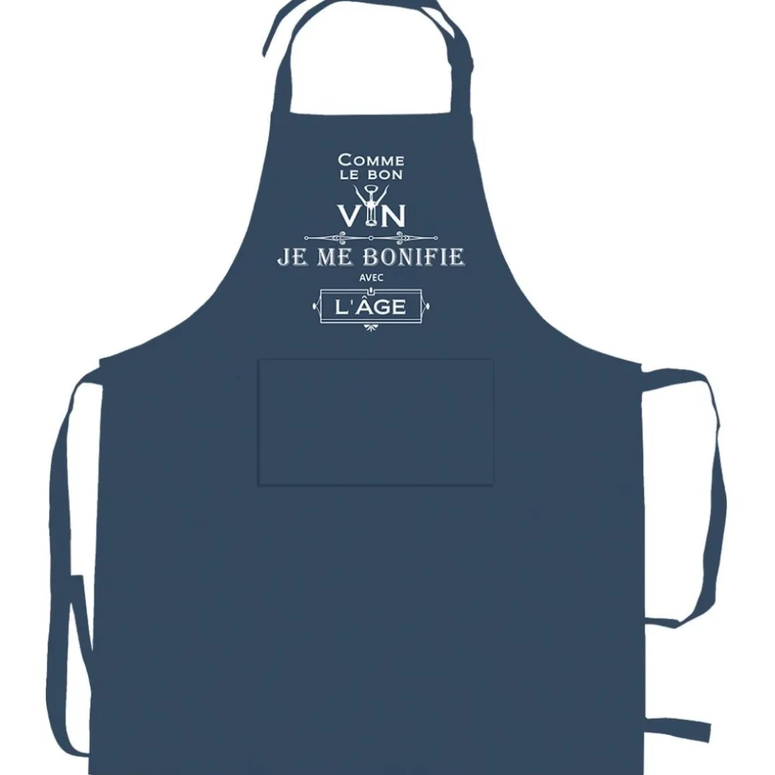 Tablier de cuisine Je me bonifie avec l'âge recyclé Indigo 72 x 90