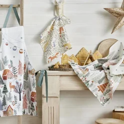 Tablier en coton imprimé forêt de noël