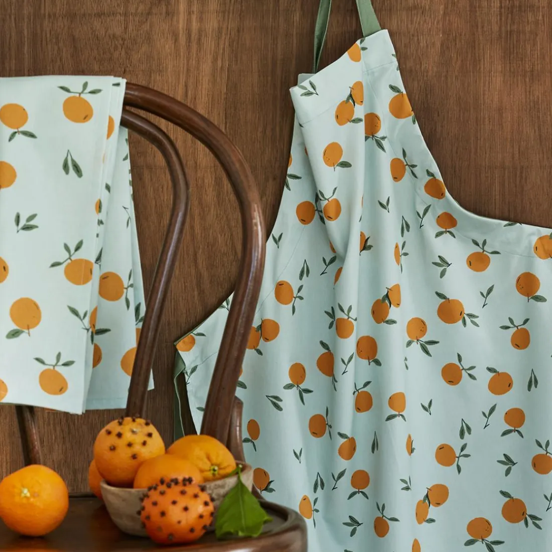 Tablier imprimé en coton, CLEMENTINES-Orange moyen-76 x 85 cm