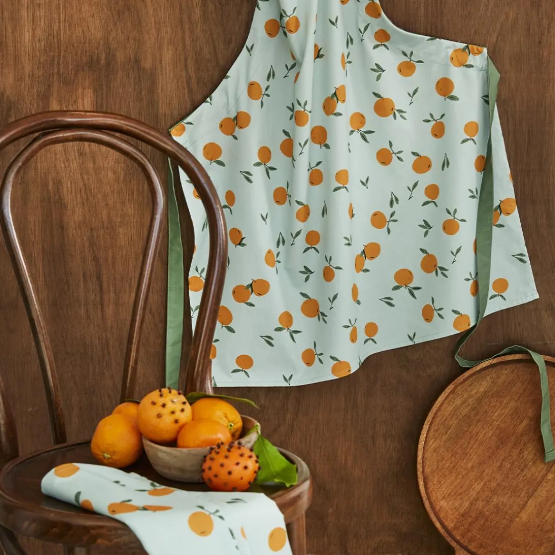 Tablier imprimé en coton, CLEMENTINES-Orange moyen-76 x 85 cm