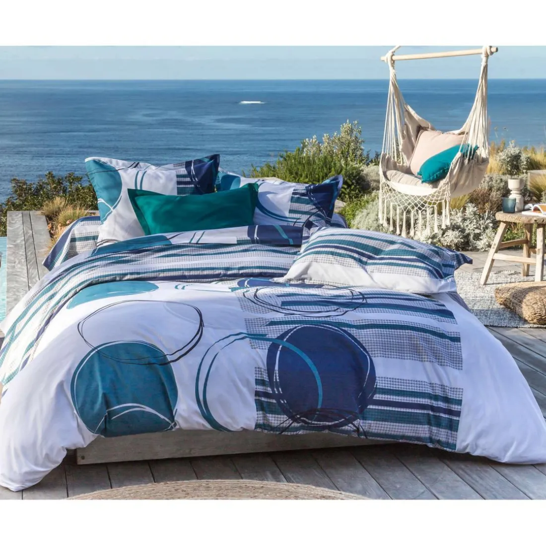 Taie d'oreiller CAP ÉTÉ bleu à motifs géométriques