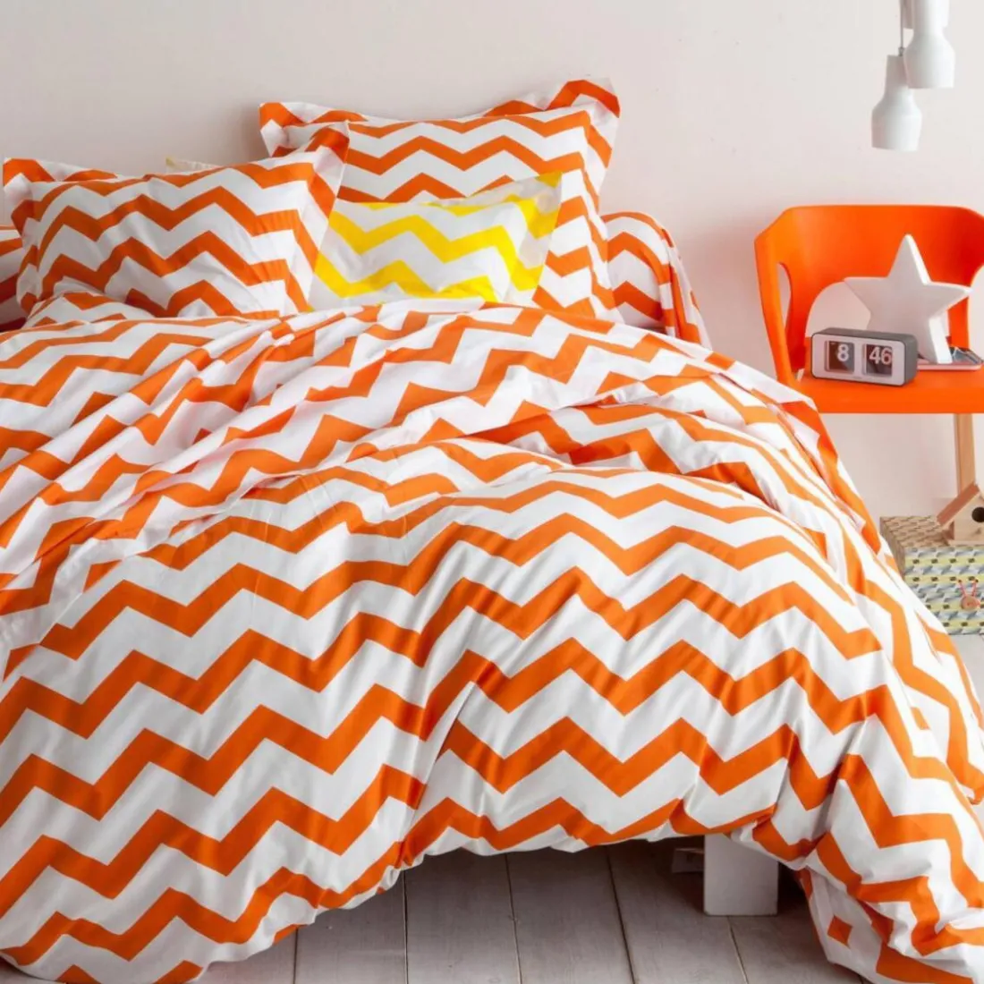 Taie d'oreiller coton CHEVRON - Orange/Blanc