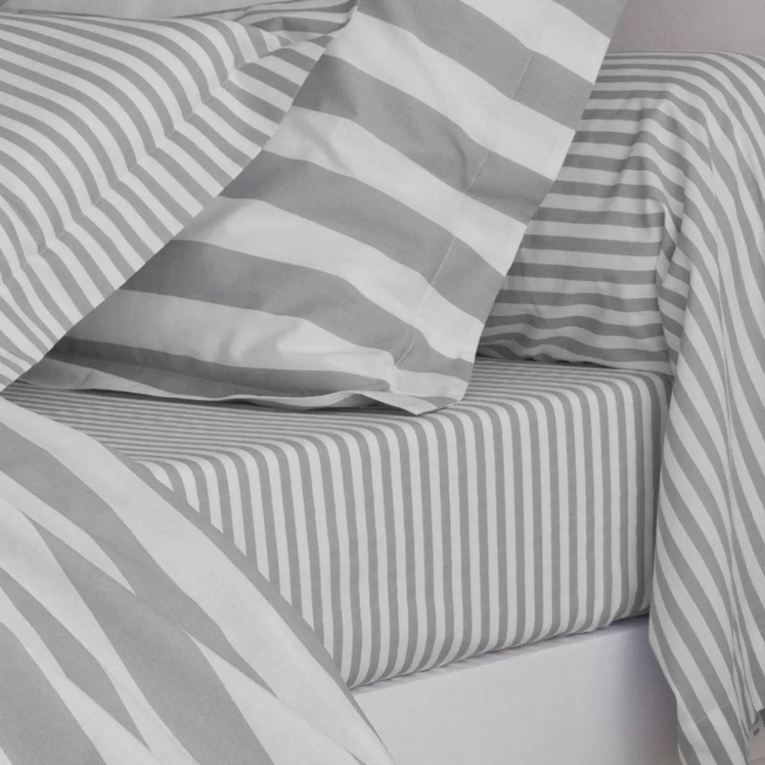 Taie d'oreiller coton PASTEL LINE - Gris/Blanc