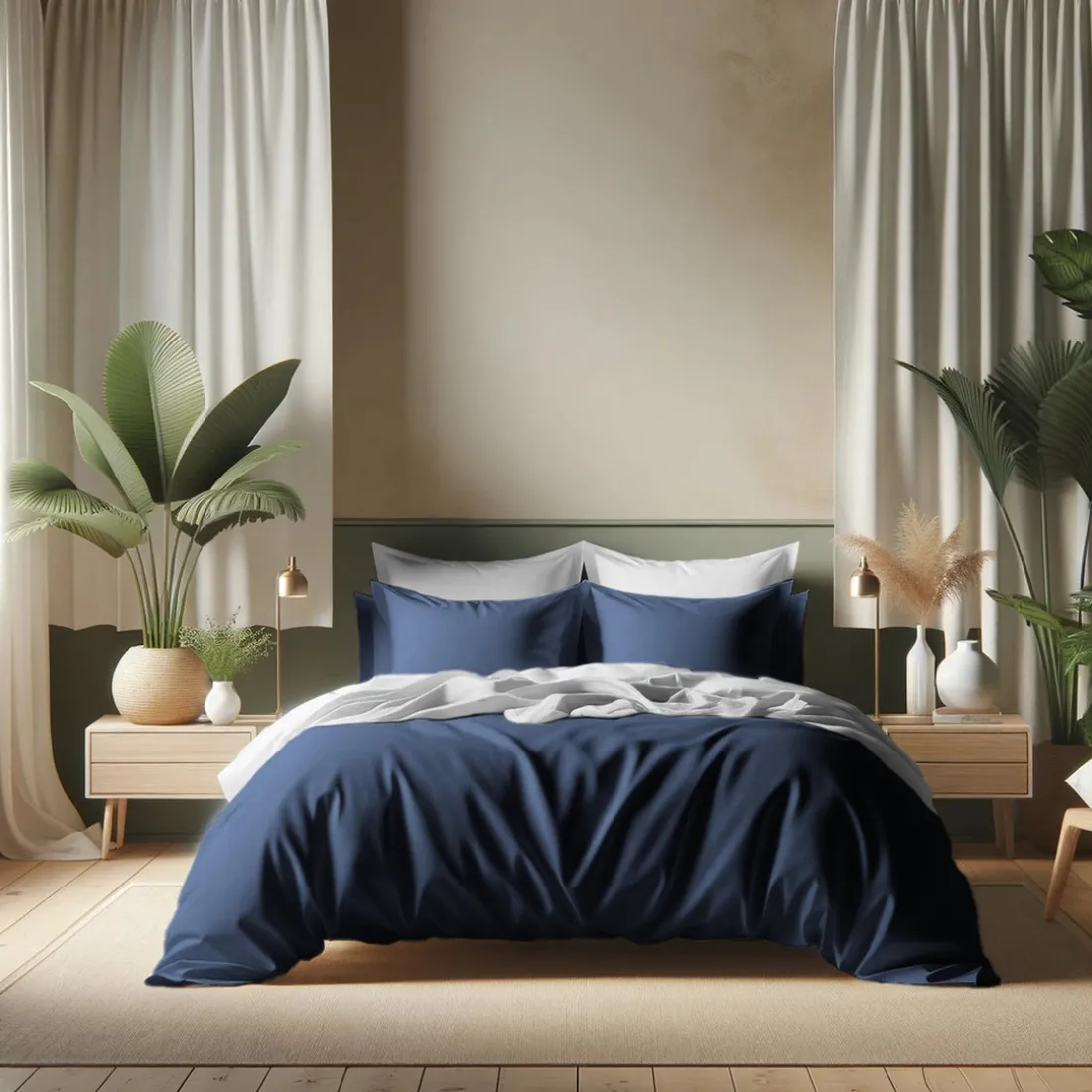 Taie d'oreiller Coton TERTIO® - Blanc/Bleu indigo