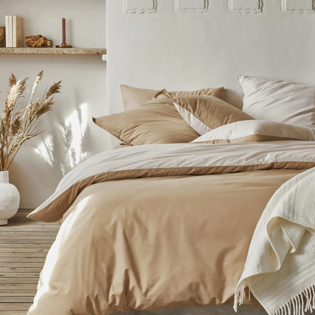 Taie d'oreiller en coton bicolore, Bons Jours, Sable/Crème, Essix