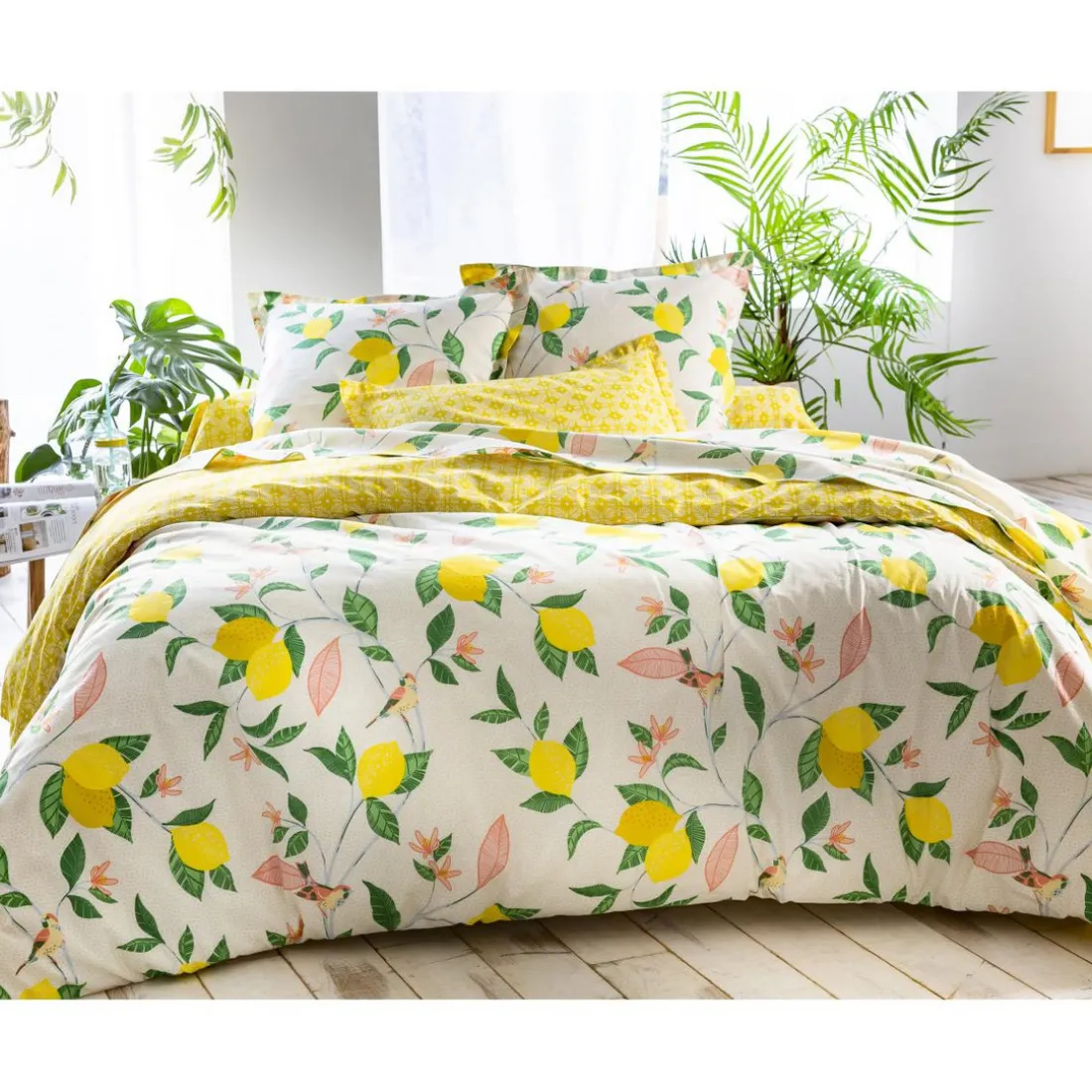 Taie d'oreiller en coton LEMON BIRD jaune