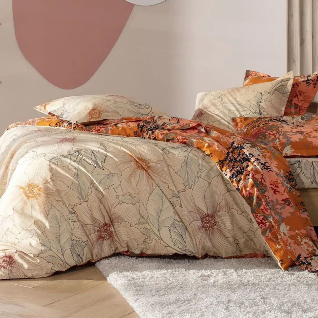 Taie d'oreiller fleurs JULLIETTE orange en coton