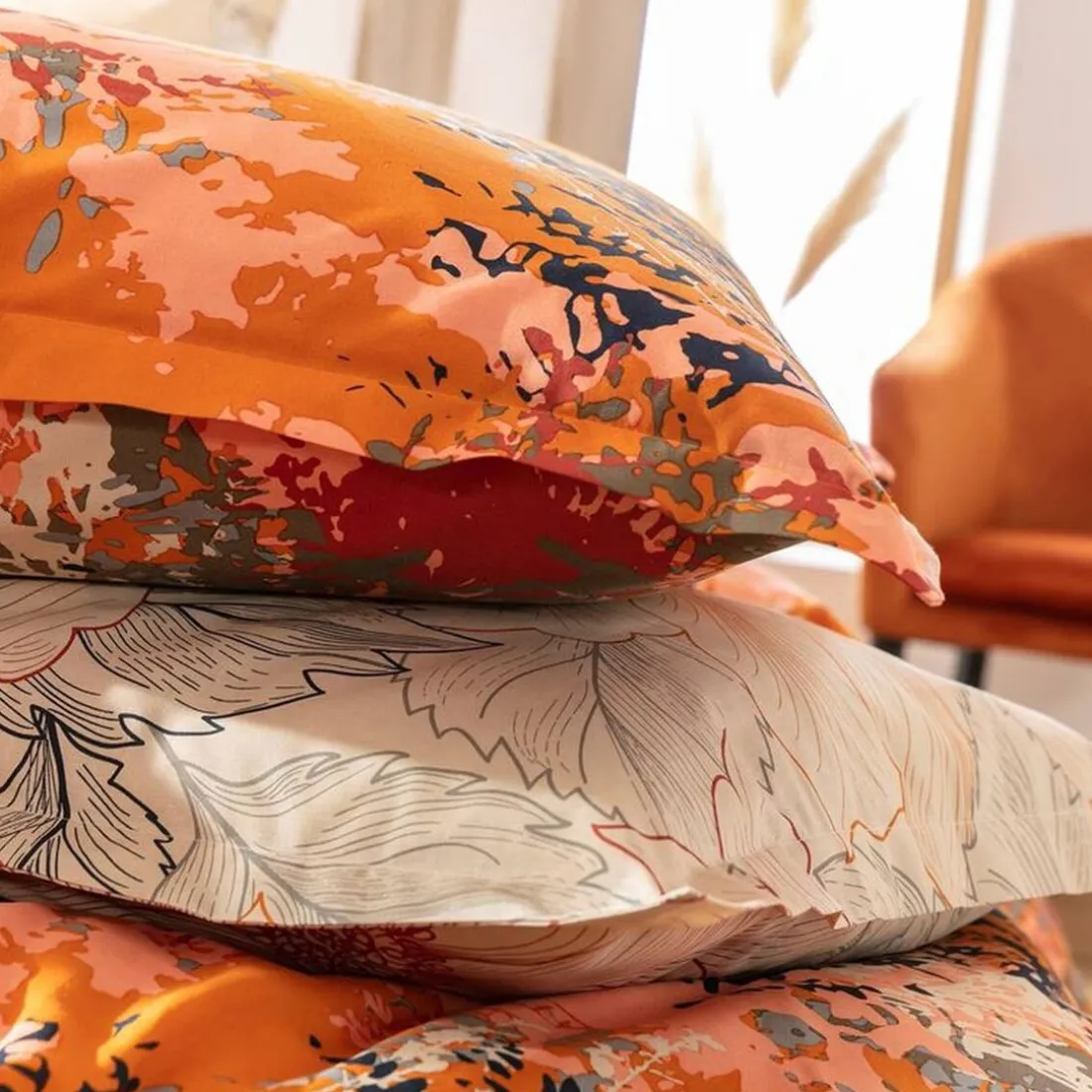 Taie d'oreiller fleurs JULLIETTE orange en coton