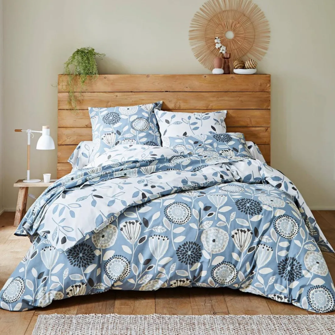 Taie d'oreiller sac imprimée motifs feuilles en coton bleue SEVENTIES