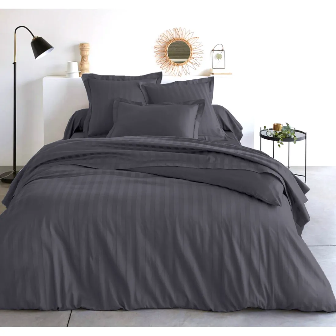 Taie d'oreiller satin de coton 2 faces uni / rayé TERTIO® - Gris Anthracite
