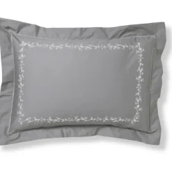 Taie d'oreiller, taie de traversin en percale de coton ADELE fleurs brodées et torsades- gris
