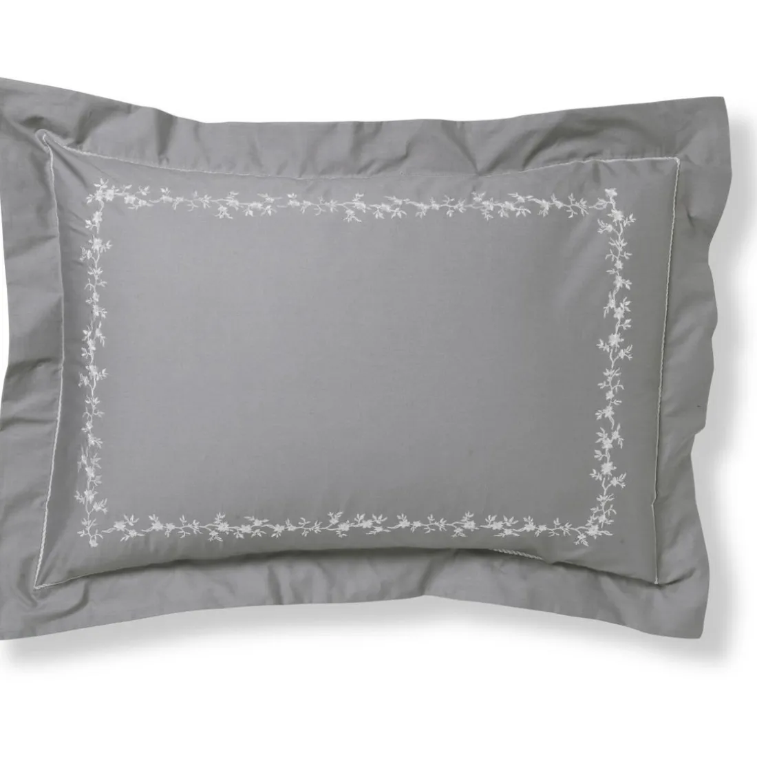 Taie d'oreiller, taie de traversin en percale de coton ADELE fleurs brodées et torsades- gris