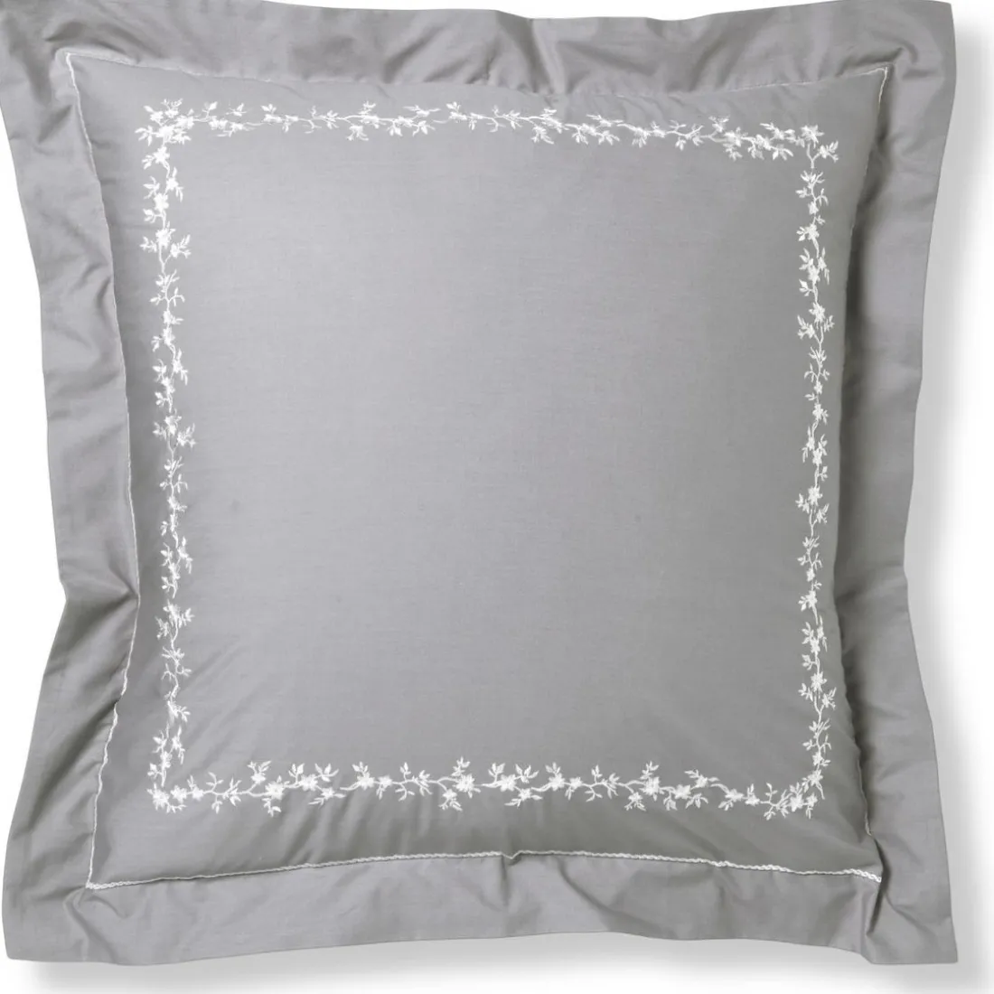 Taie d'oreiller, taie de traversin en percale de coton ADELE fleurs brodées et torsades- gris