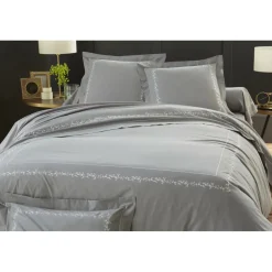 Taie d'oreiller, taie de traversin en percale de coton ADELE fleurs brodées et torsades- gris