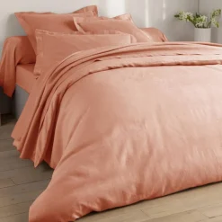 Taie d'oreiller Uni en lin lavé rose blush