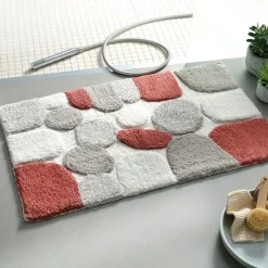 Tapis de bain coton motifs galet rose