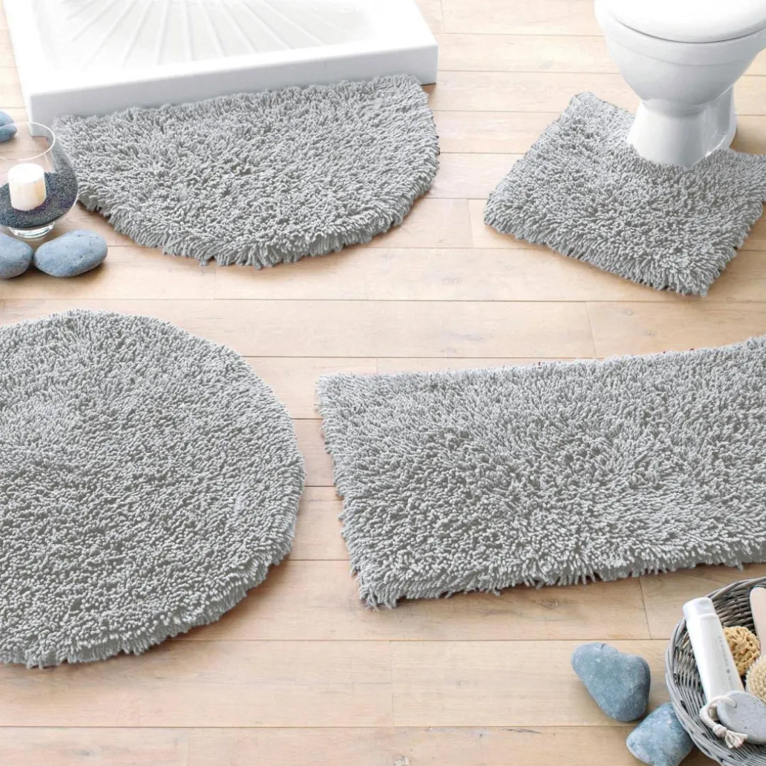 Tapis de bain rond 80cm CONFORT pur coton longues mèches gris