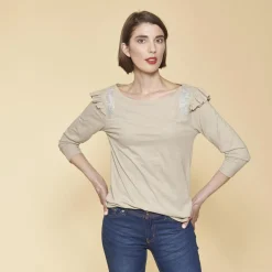 Tee-shirt manches 3/4 volants et broderie femme - Beige