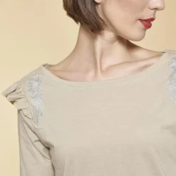 Tee-shirt manches 3/4 volants et broderie femme - Beige