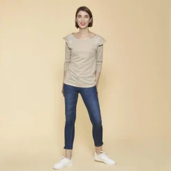 Tee-shirt manches 3/4 volants et broderie femme - Beige
