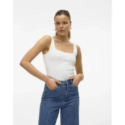Top col carré sans manches blanc en coton bio Nora
