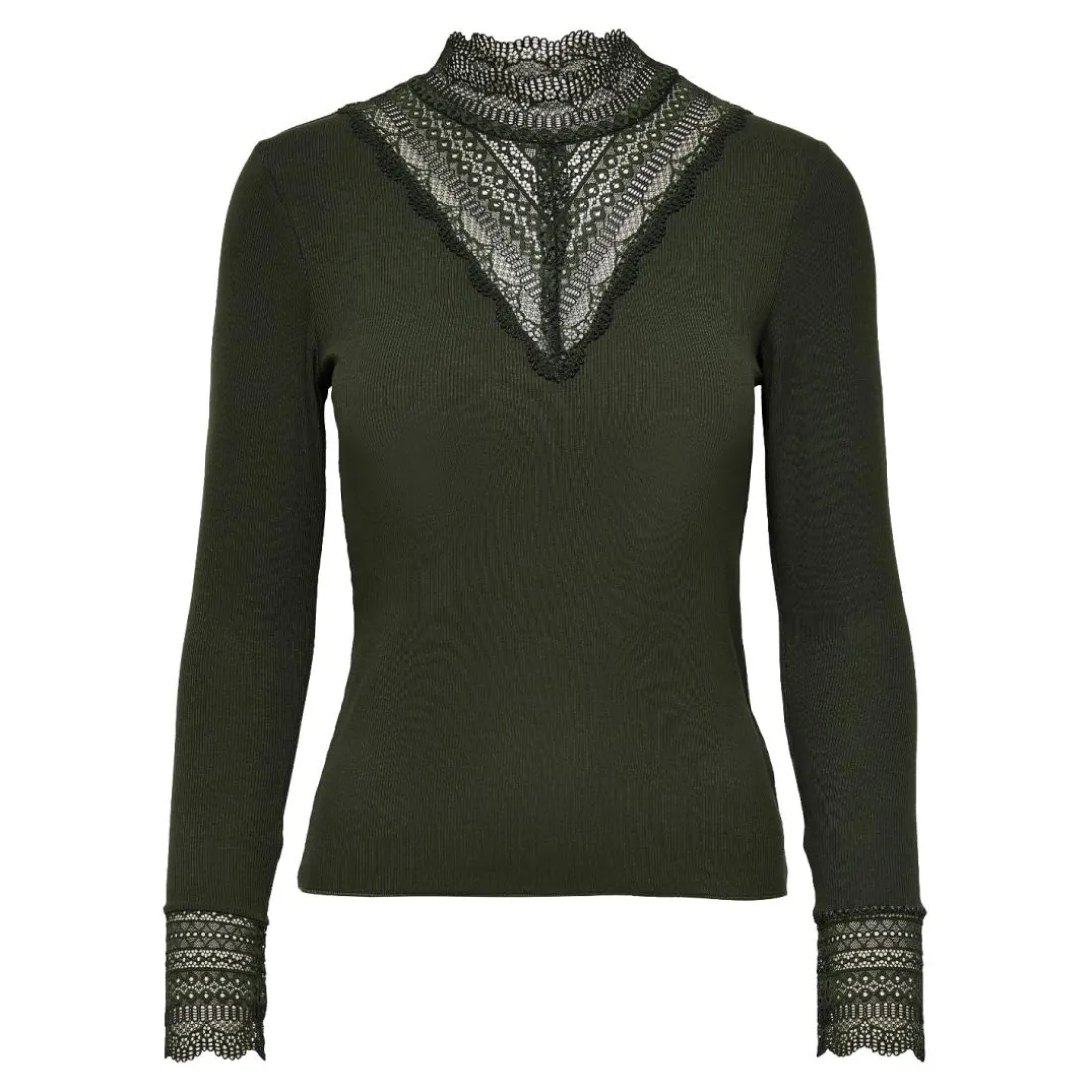 Top col haut manches longues vert foncé en viscose Faye