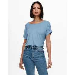 Top Col rond Manches courtes Poignets repliés bleu en viscose Clio