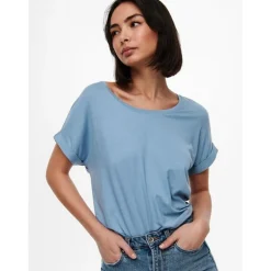 Top Col rond Manches courtes Poignets repliés bleu en viscose Clio