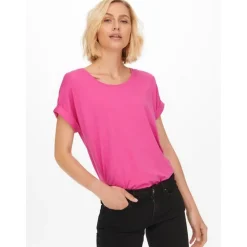 Top Col rond Manches courtes Poignets repliés rose