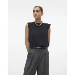 Top col rond manches courtes noir en coton bio Anna