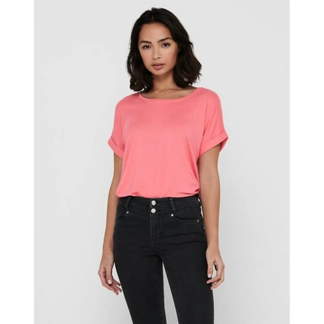 Top Col rond Manches courtes Poignets repliés rose en coton Hope