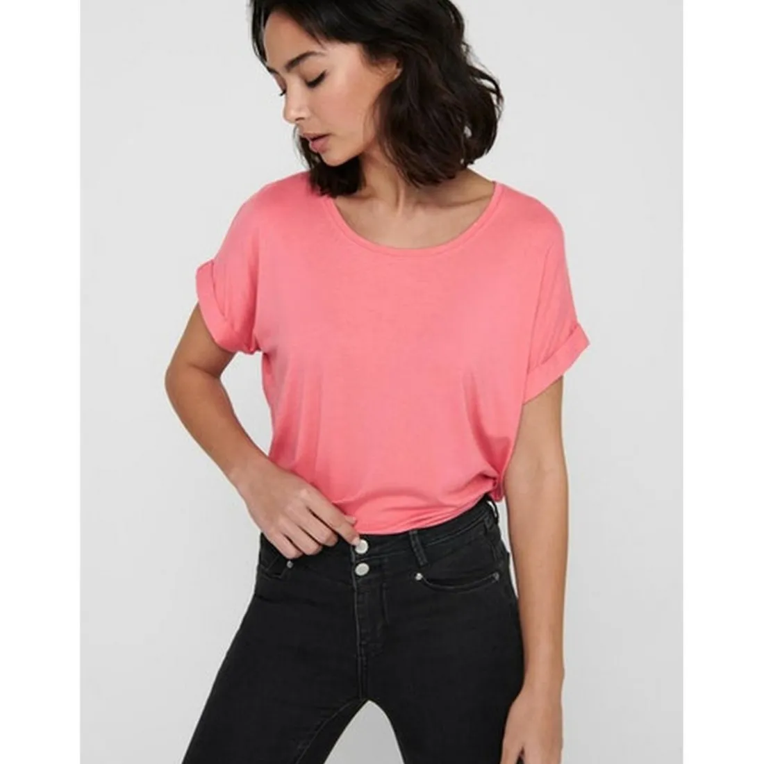 Top Col rond Manches courtes Poignets repliés rose en coton Hope