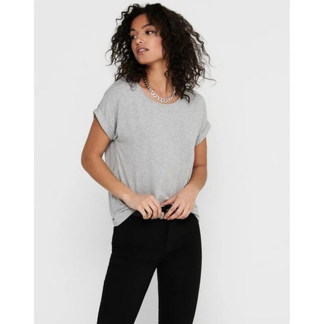 Top Col rond Manches courtes Poignets repliés gris en viscose