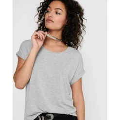 Top Col rond Manches courtes Poignets repliés gris en viscose