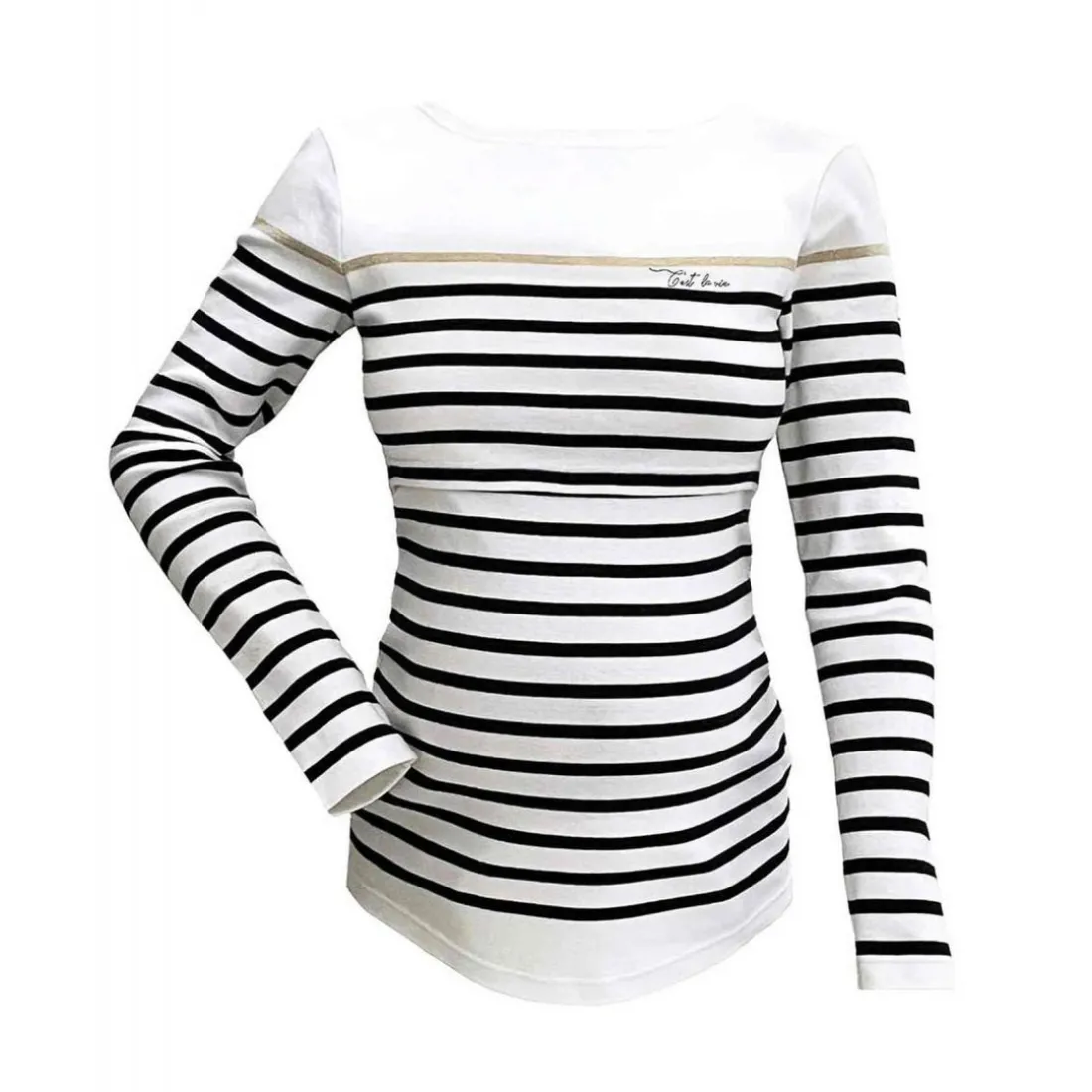 Top de grossesse marinière manches longues blanc Cache Coeur Lingerie en coton bio