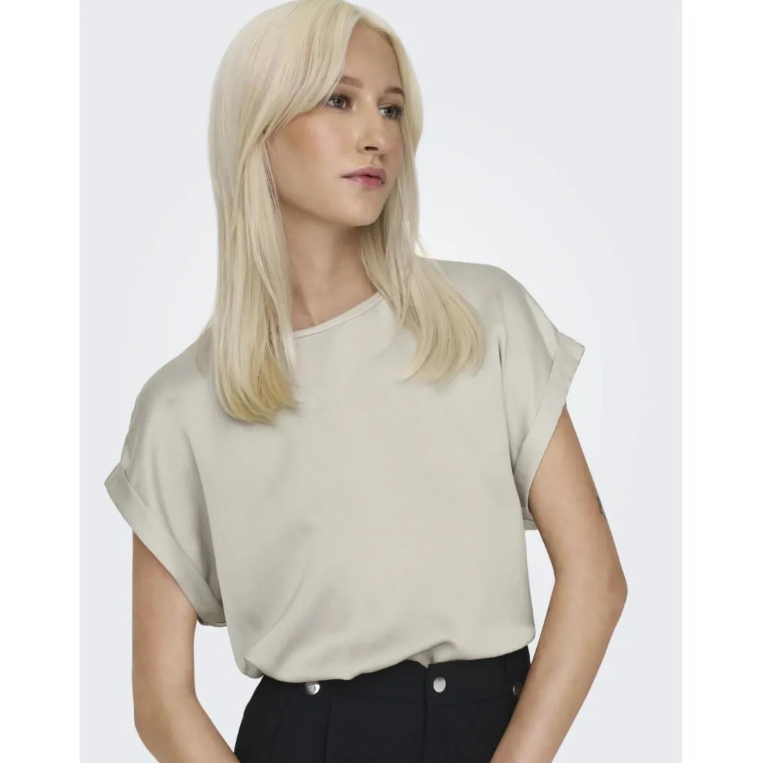 Top poignets repliés col rond manches courtes gris clair Xia