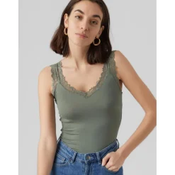 Top Tight Fit Col rond Sans manches Longueur regular vert en viscose