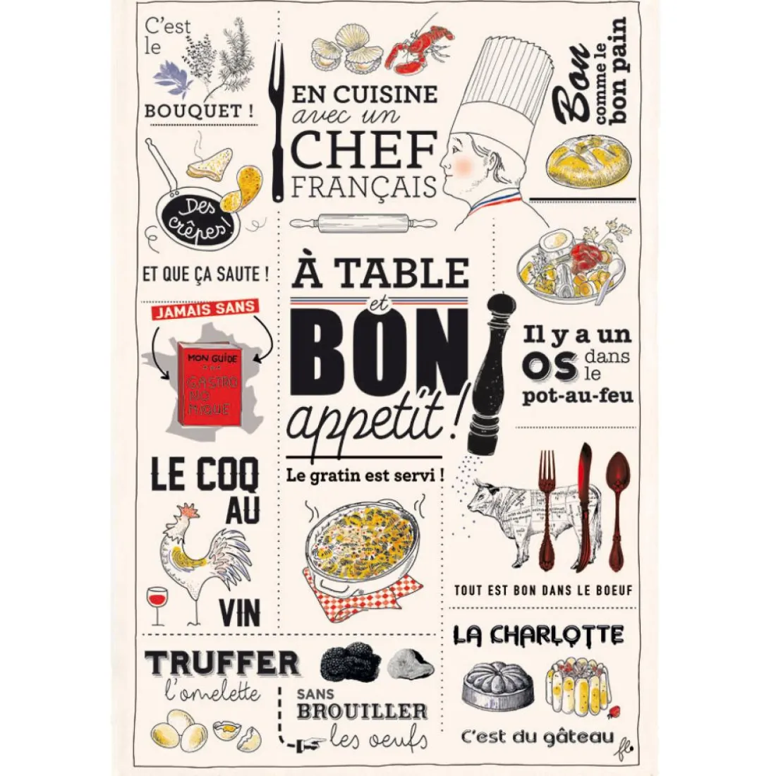 Torchon Cuisine Française Ecru 48 X 72
